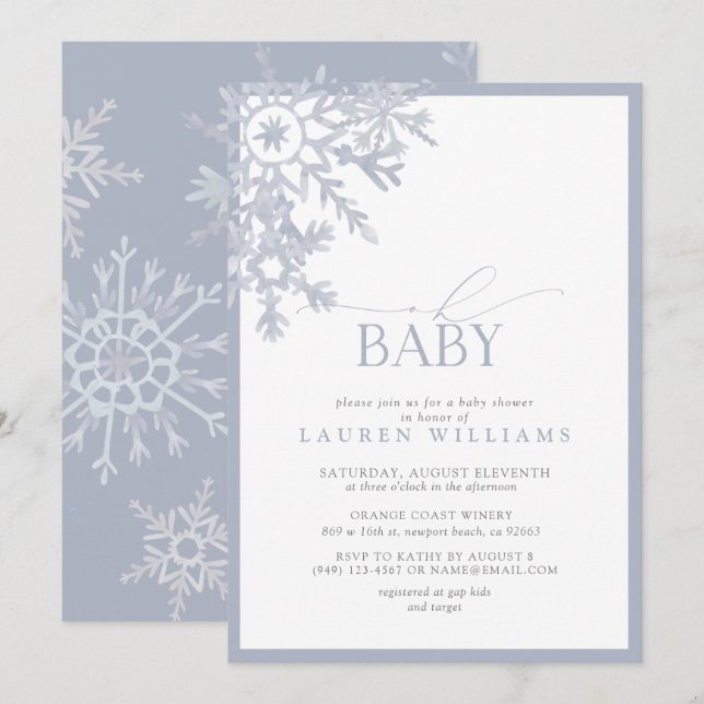 Oh Baby Blue Snowflake Watercolor Baby Shower (Anverso / Reverso)