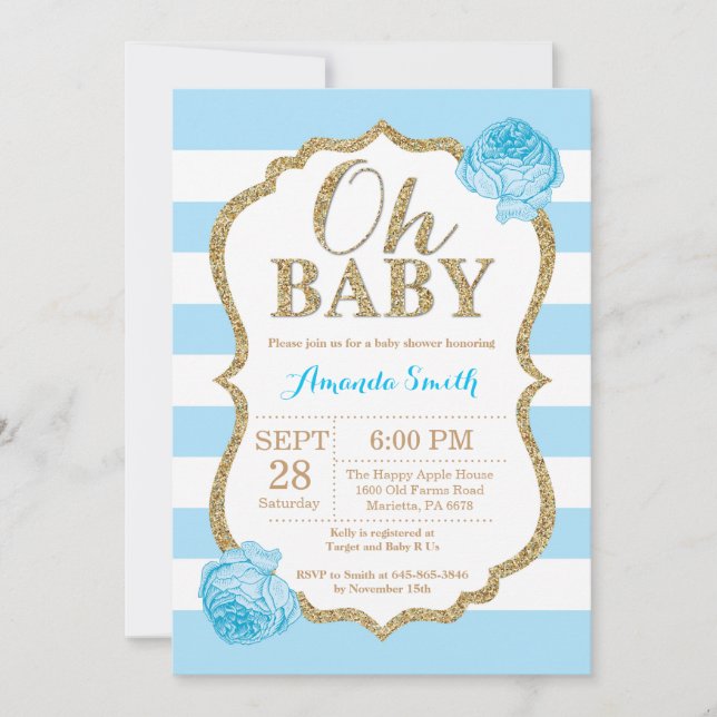 Oh Baby Blue y Gold Invitación a Baby Shower (Anverso)