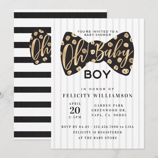 Oh Baby Boy Black & Gold Bow Tie Tarjeta de Baby S (Anverso / Reverso)