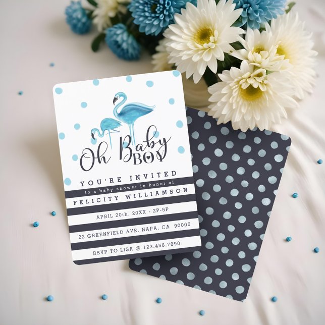 Oh Baby Boy Blue Flamingo Invitación a Baby Shower (Oh Baby Boy Blue Flamingo Baby Shower Invitation)
