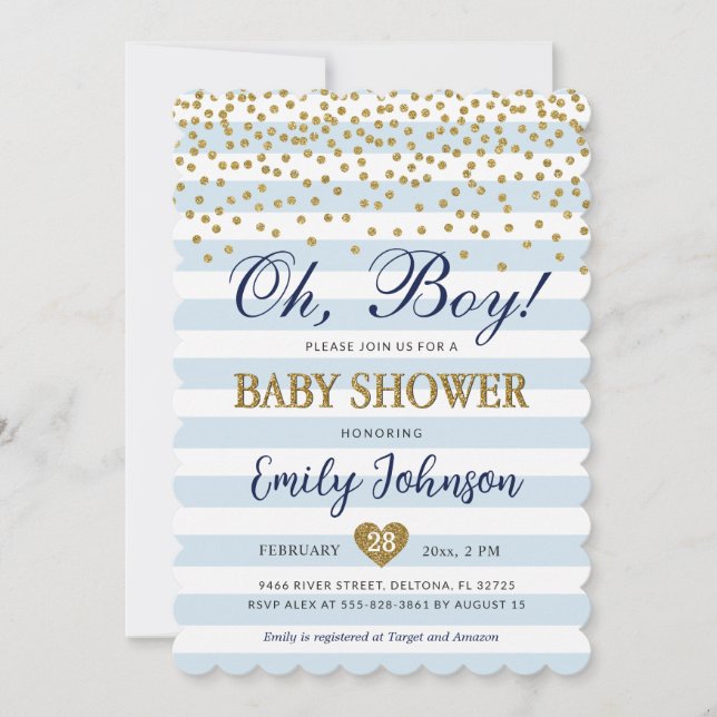 Oh Baby Boy Blue Gold Invitación a Baby Shower (Anverso)