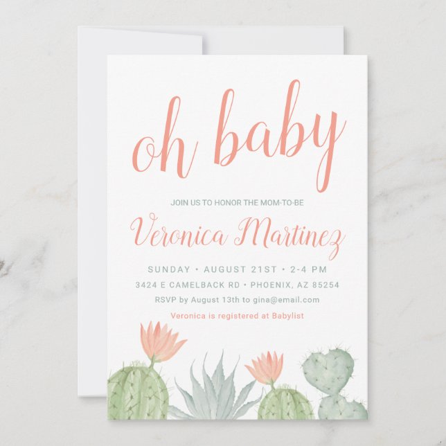 Oh Baby Cactus Invitación Baby Shower, Bebé del De (Anverso)