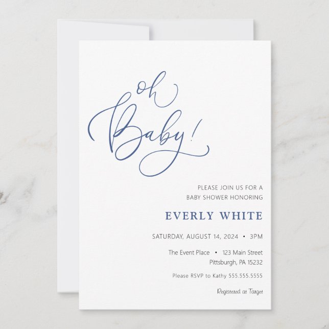 "Oh Baby" Calligraphy Blue Baby Shower Invitación (Anverso)