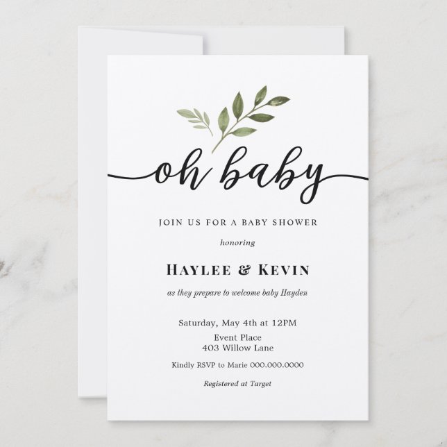 "Oh Baby" Calligraphy Greenery Shower Invitación (Anverso)