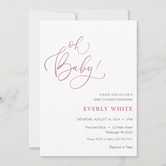"Oh Baby" Calligraphy Invitación rosa a Baby Showe (Anverso)