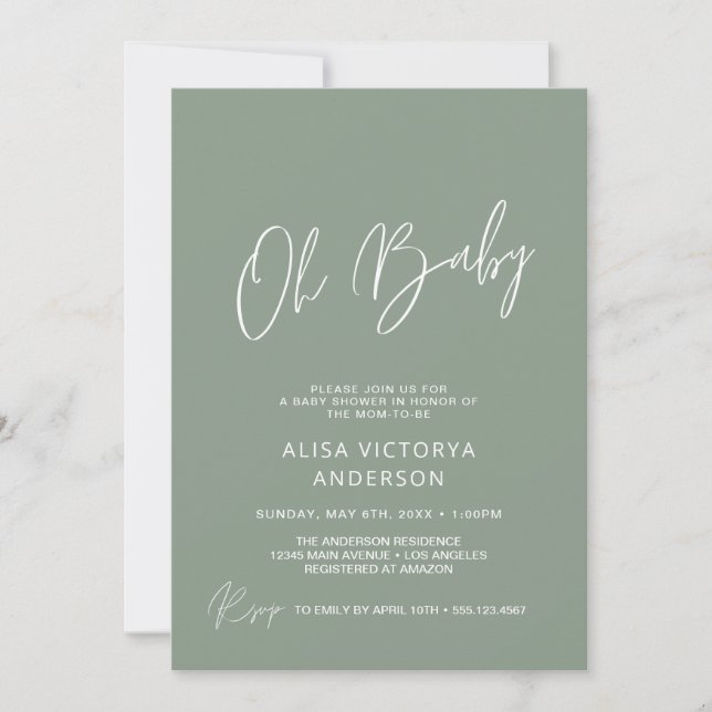 Oh Baby Dusty Green Invitación Simple para Ducha (Anverso)