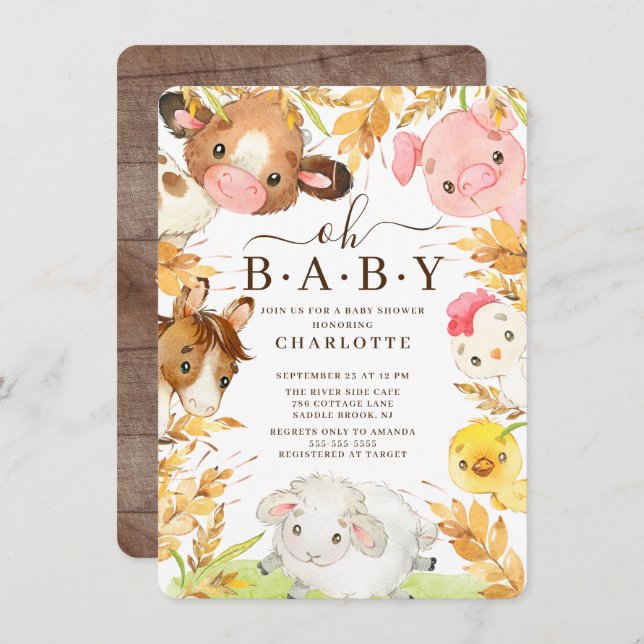Oh Baby Farm Animals Invitación a la Ducha (Anverso / Reverso)