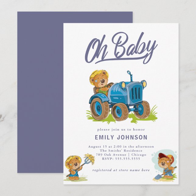 Oh Baby Farm Tractor Invitación Baby Shower (Anverso / Reverso)