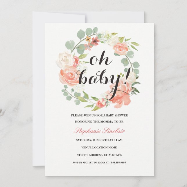 Oh Baby Floral Wreath Invitación de Baby Shower (Anverso)