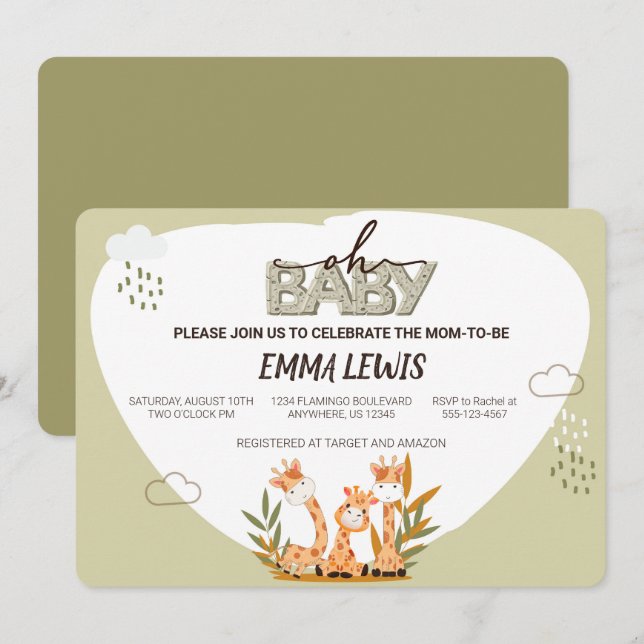 Oh Baby Giraffe, Invitación a Baby Shower (Anverso / Reverso)