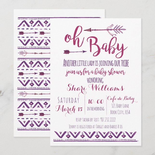 Oh Baby Girl Invitación a Baby Shower tribal (Anverso / Reverso)