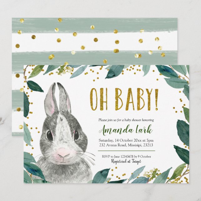 Oh Baby Greenery Bunny Invitación Baby Shower (Anverso / Reverso)