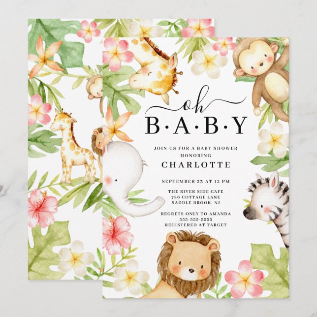Oh Baby Jungle Invitación a Baby Shower (Anverso / Reverso)