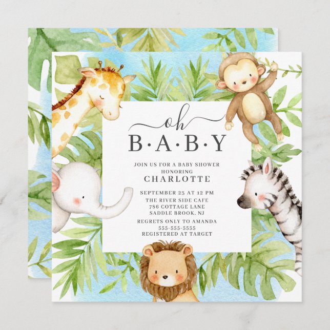 Oh Baby Jungle Invitación a Baby Shower (Anverso / Reverso)