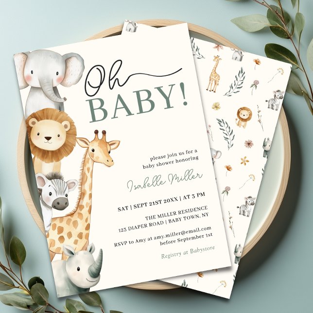 Oh Baby Jungle Safari Invitación a Baby Shower (Oh Baby Jungle Safari Baby Shower Invitation Front & Back)