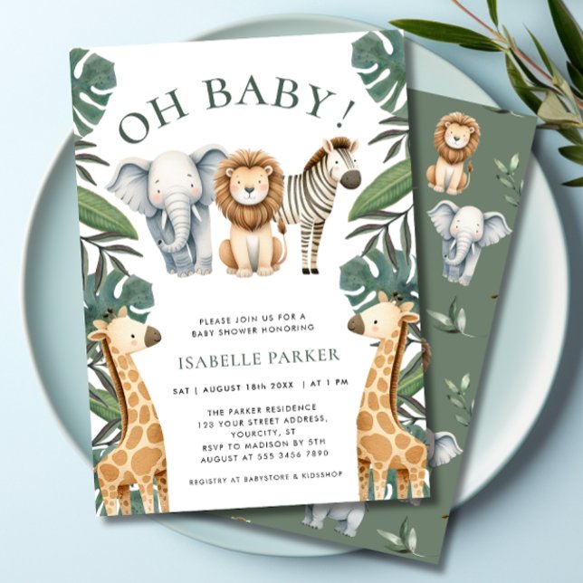 Oh Baby Jungle Safari Invitación a Baby Shower (Oh Baby Jungle Safari Baby Shower Invitation- front & back)