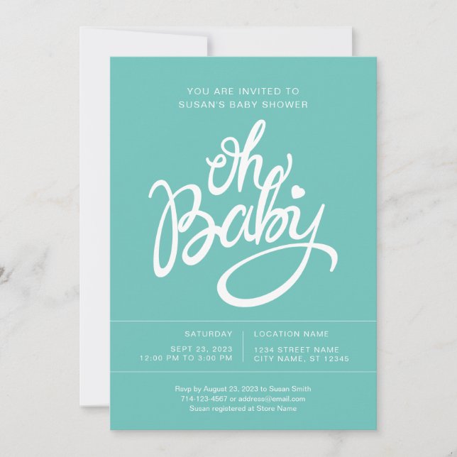 Oh Baby Modern Baby Shower Invitación - Turquesa (Anverso)
