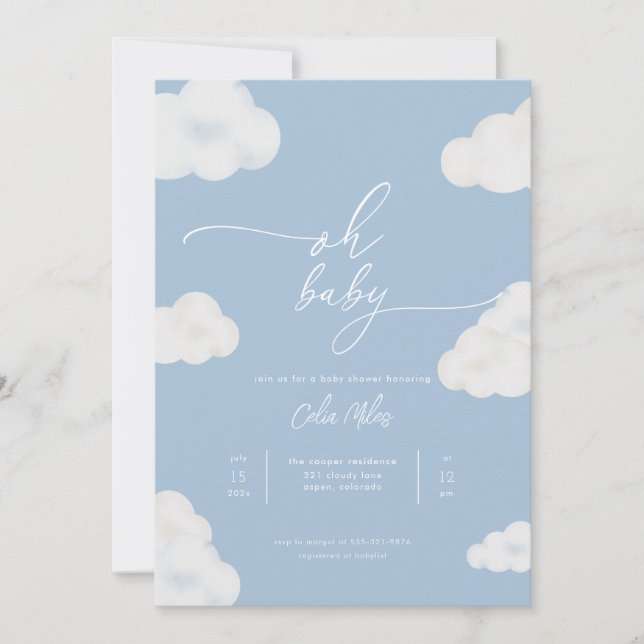 Oh Baby Modern Blue Cloud Invitación a Baby Shower (Anverso)