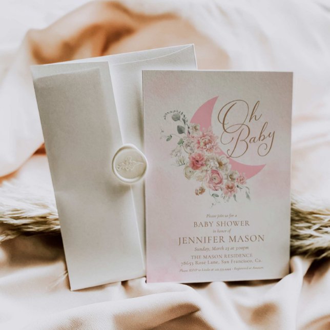 Oh Baby Moon Chica Rosa Invitación a Baby Shower (Subido por el creador)