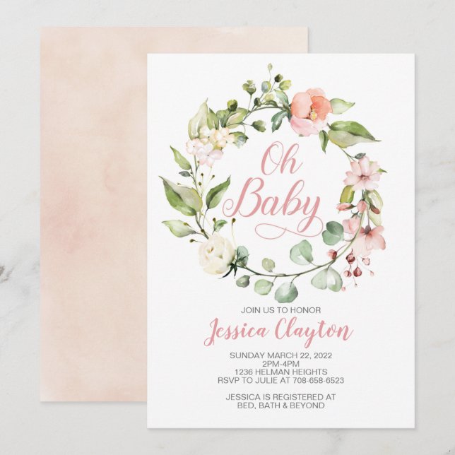 Oh Baby Peach Floral Baby Shower Invitación (Anverso / Reverso)