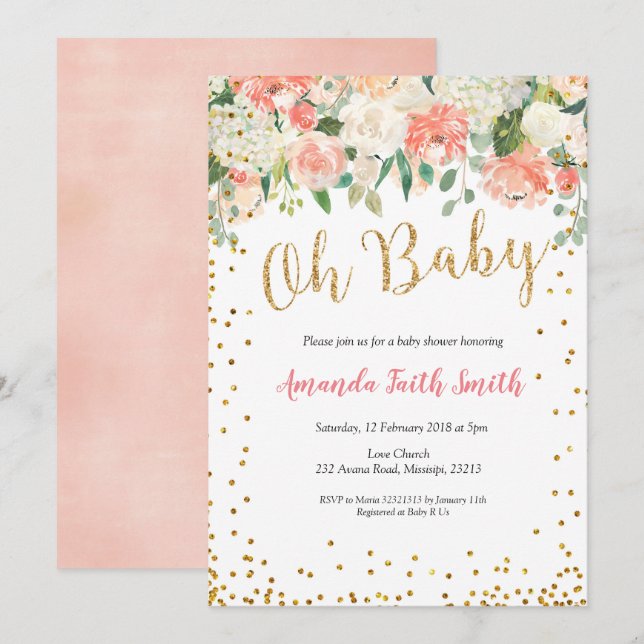 Oh Baby Peach Floral Baby Shower Invitación (Anverso / Reverso)