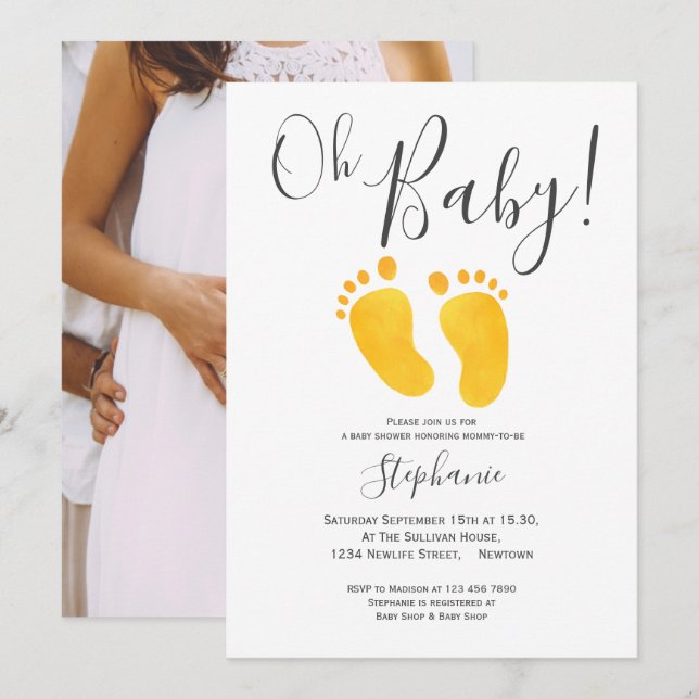 Oh Baby Photo Yellow Feet Baby Shower Invitación (Anverso / Reverso)