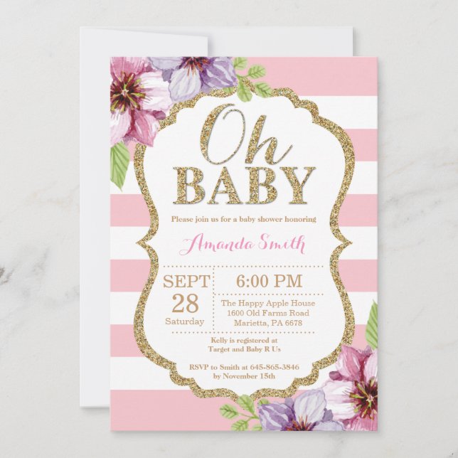 Oh Baby Pink and Gold Invitación Baby Shower (Anverso)