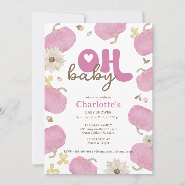 Oh Baby Pink Pumpkin Fall Invitación de Baby Showe (Anverso)