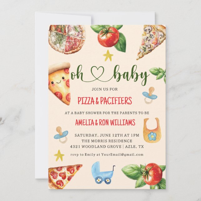 Oh Baby Pizza + Chupetes Invitación para la Fiesta (Anverso)