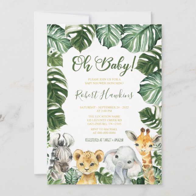 Oh Baby Safari Animal Invitación a Baby Shower (Anverso)
