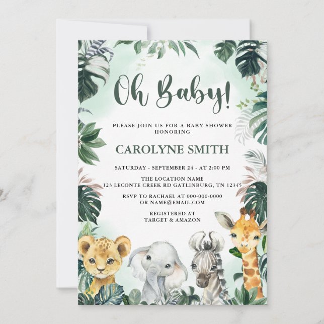Oh Baby Safari Animals Invitación de Baby Shower (Anverso)