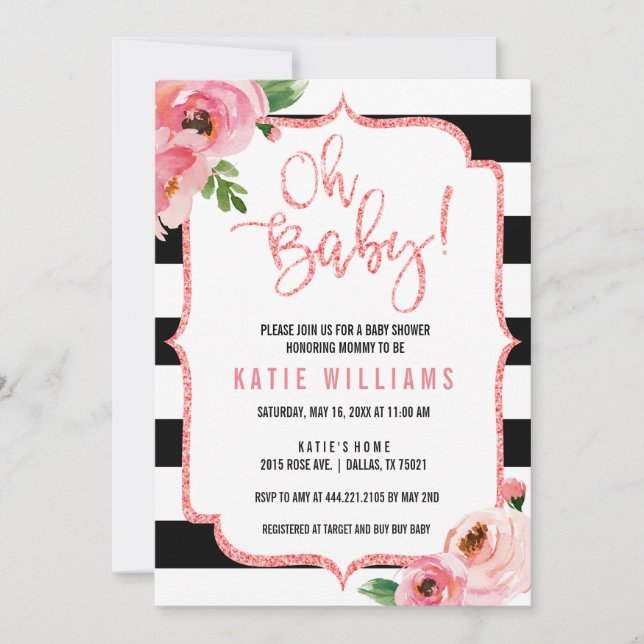 Oh Baby Shower Invitación rayada rosa floral (Anverso)