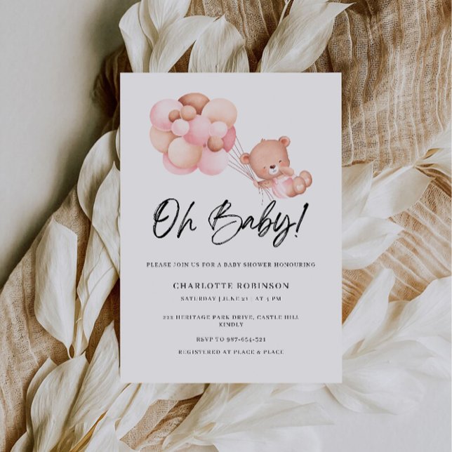 Oh Baby Shower Pink Teddy Bear Balloon Invitación (Oh Baby Shower Pink Teddy Bear Balloon Invitation)