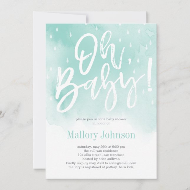 Oh Baby Watercolor Baby Shower Invitación Azul (Anverso)