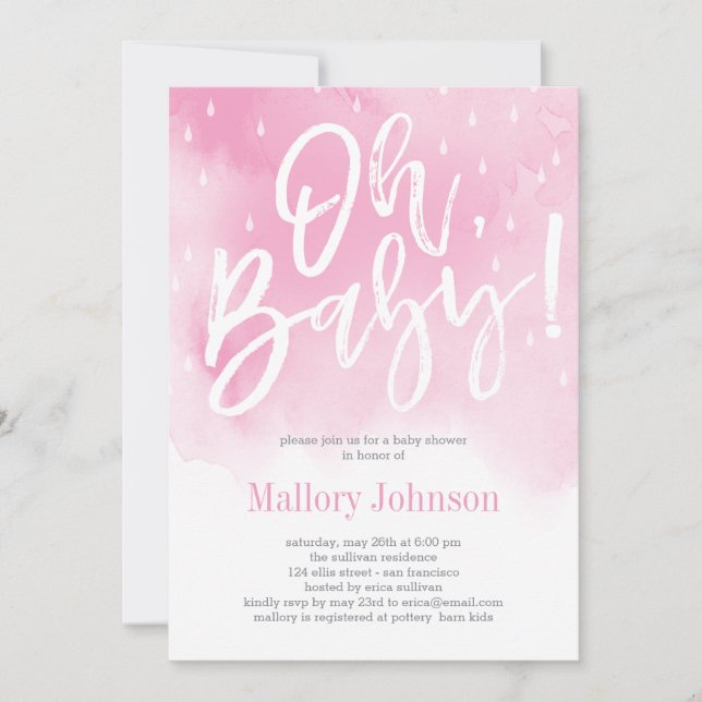 Oh Baby Watercolor Baby Shower Invitación Rosa (Anverso)