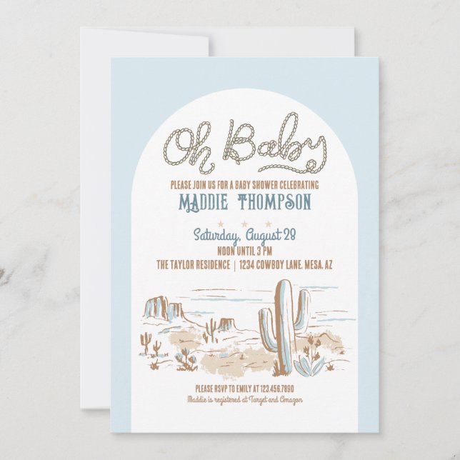 Oh bebé azul Cowboy Deert Invitación en Baby Showe (Anverso)