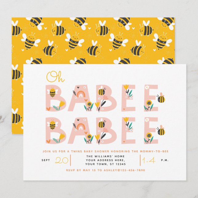 Oh Bebé Bebé Amarillo Invitación Baby Shower Twin (Anverso / Reverso)