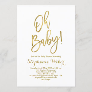 Oh Bebé ducha de bebé blanca y dorada Invitación