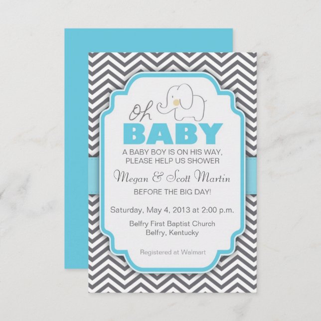 Oh bebé elefante - Invitación de Baby Shower azul  (Anverso / Reverso)
