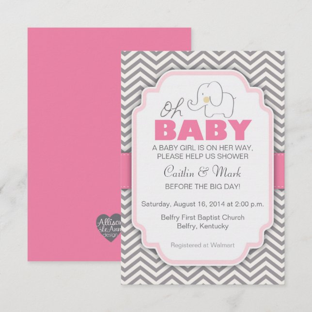 Oh bebé elefante - Invitación de Baby Shower rosa  (Anverso / Reverso)