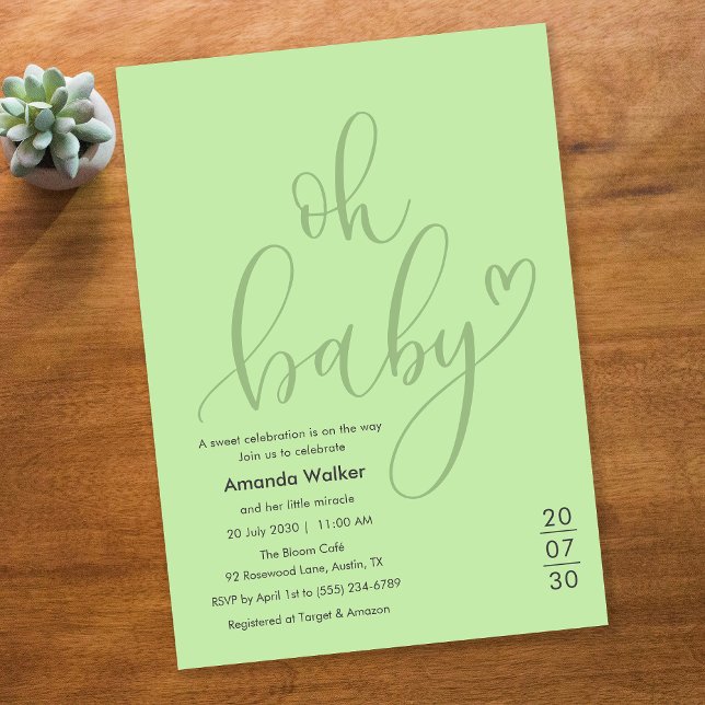¡Oh bebé!  Elegante Invitación de Shower de Bebé c (Oh Baby! Elegant Sage Green Script Baby Shower Invitation)