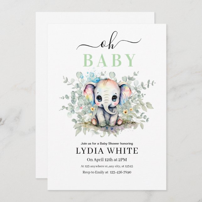 Oh bebé Elephant Invitación de Baby Shower, niño b (Anverso / Reverso)