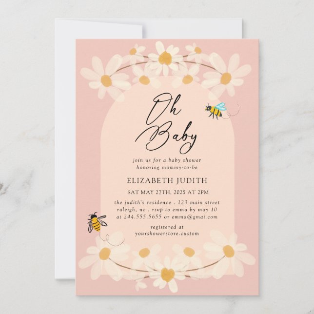 Oh bebé Floral Daisy Bees Invitación de Baby Showe (Anverso)
