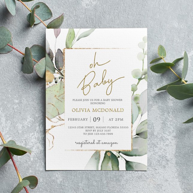 Oh bebé Greenery Gold Frame Eucalipto Invitación (Subido por el creador)