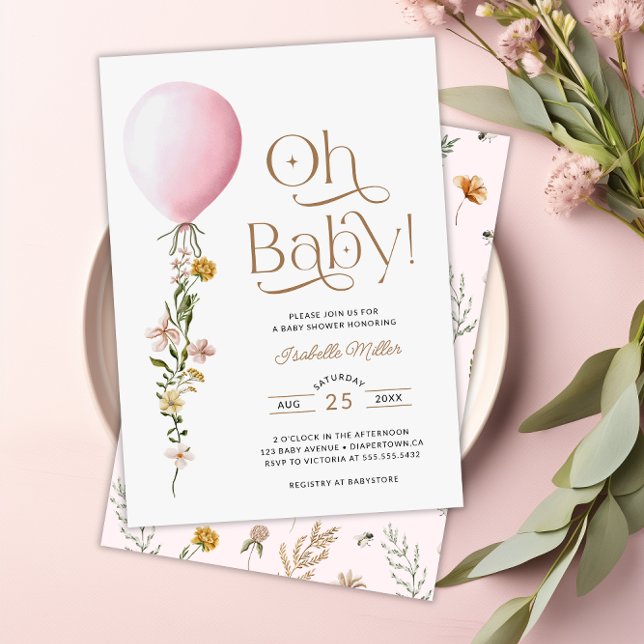 Oh bebé Invitación a Baby Shower con globo rosa (Oh Baby Pink Balloon Floral Baby Shower Invitation)