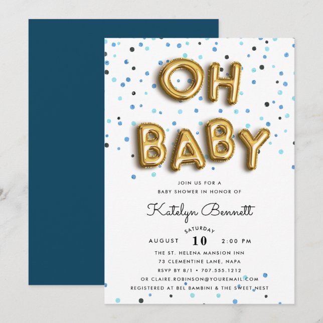 Oh bebé | Invitación a Baby Shower Navy & Gold (Anverso / Reverso)
