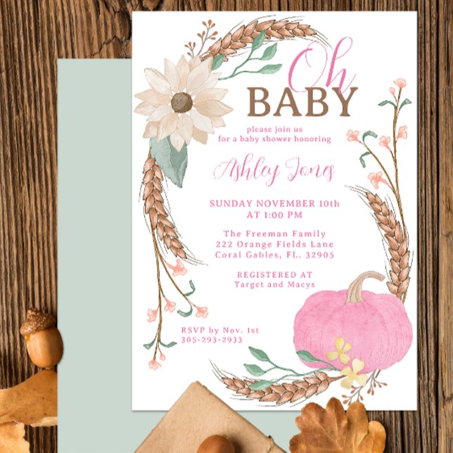 Oh Bebé Invitación a la ducha de calabaza rosa (Fall Pink Pumpkin Baby Shower Party Invitation)