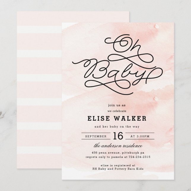 Oh Bebé, Invitación de Baby Shower color rosa dulc (Anverso / Reverso)