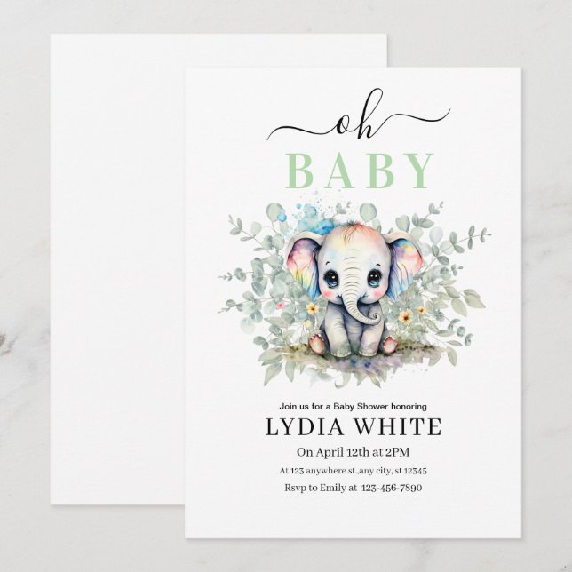 Oh bebé Invitación de Baby Shower de Elefante, Niñ (Anverso / Reverso)