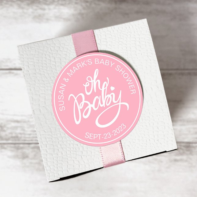Oh bebé Pegatina Baby Shower - Niña bebé (Background color is editable to match your theme.)